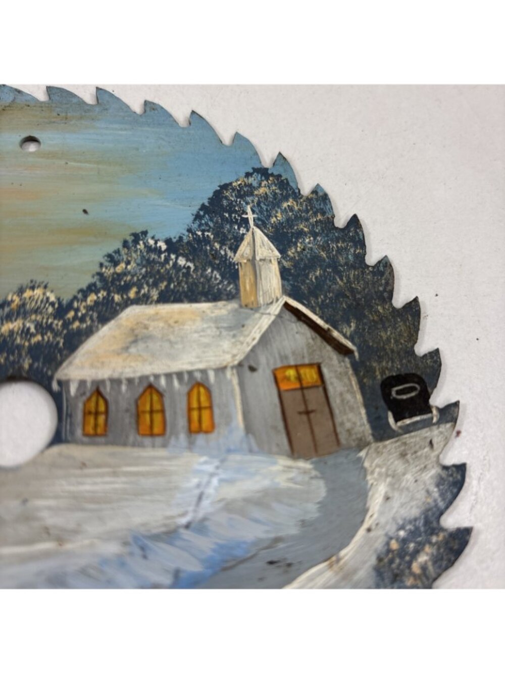 Vintage Hand Painted Saw Blade 6.5 Inches Snowy Country Church Vintage Auto - Picture 3 of 5